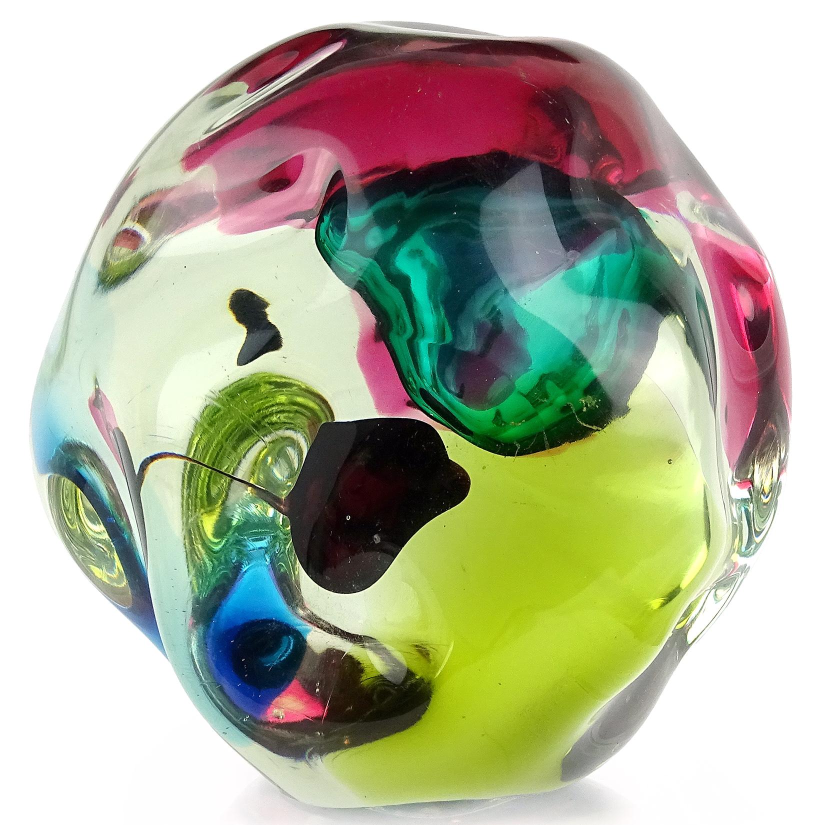 Gorgeous large Murano hand blown Sommerso multi-color Italian art glass biomorphic rock shaped sculpture. Documented to the Salviati Company, and attributed to designer Luciano Gaspari. The abstract form and decoration make the piece look different
