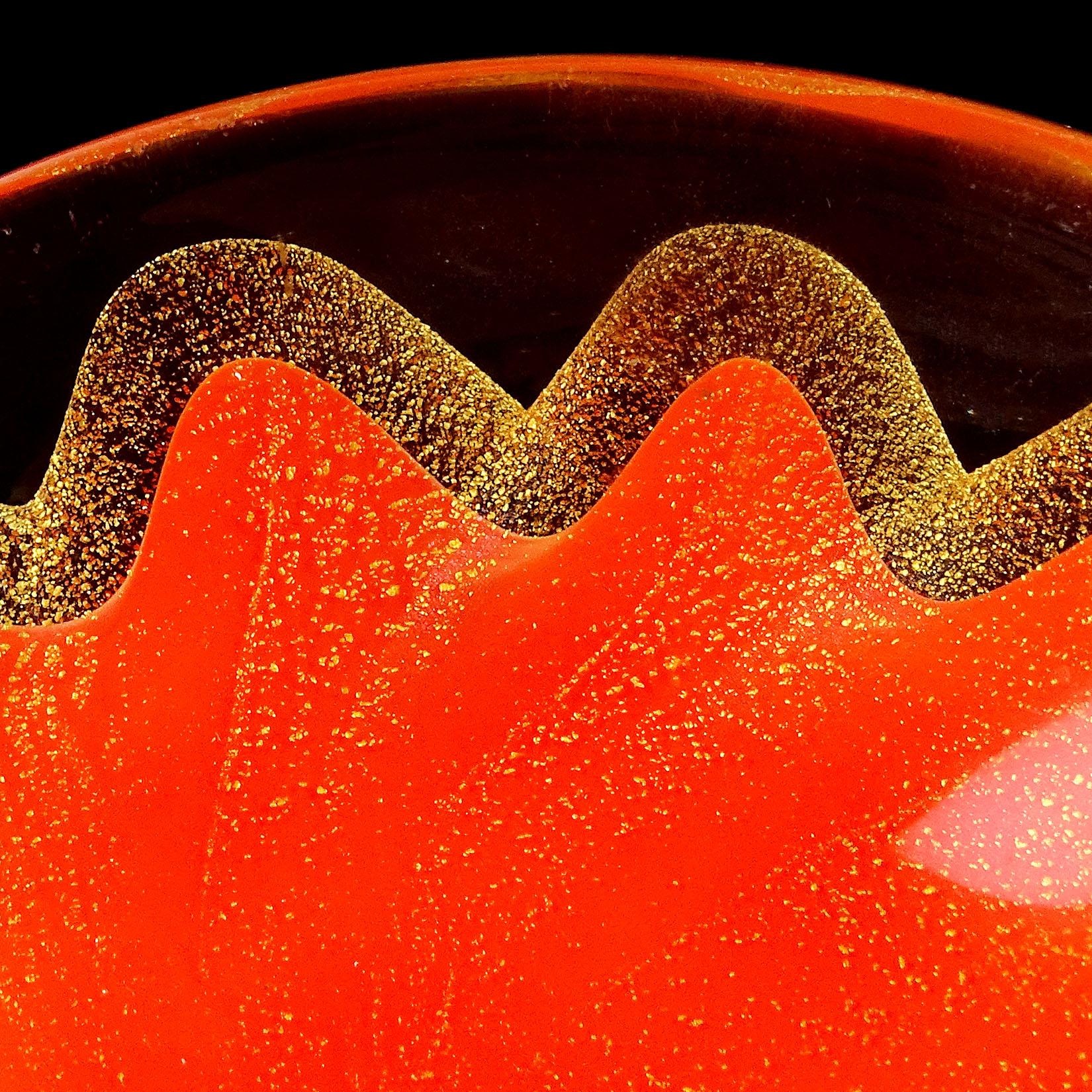 Hand-Crafted Salviati Murano 1950s Orange Gold Fleck Star Design Italian Art Glass Ring Bowls For Sale