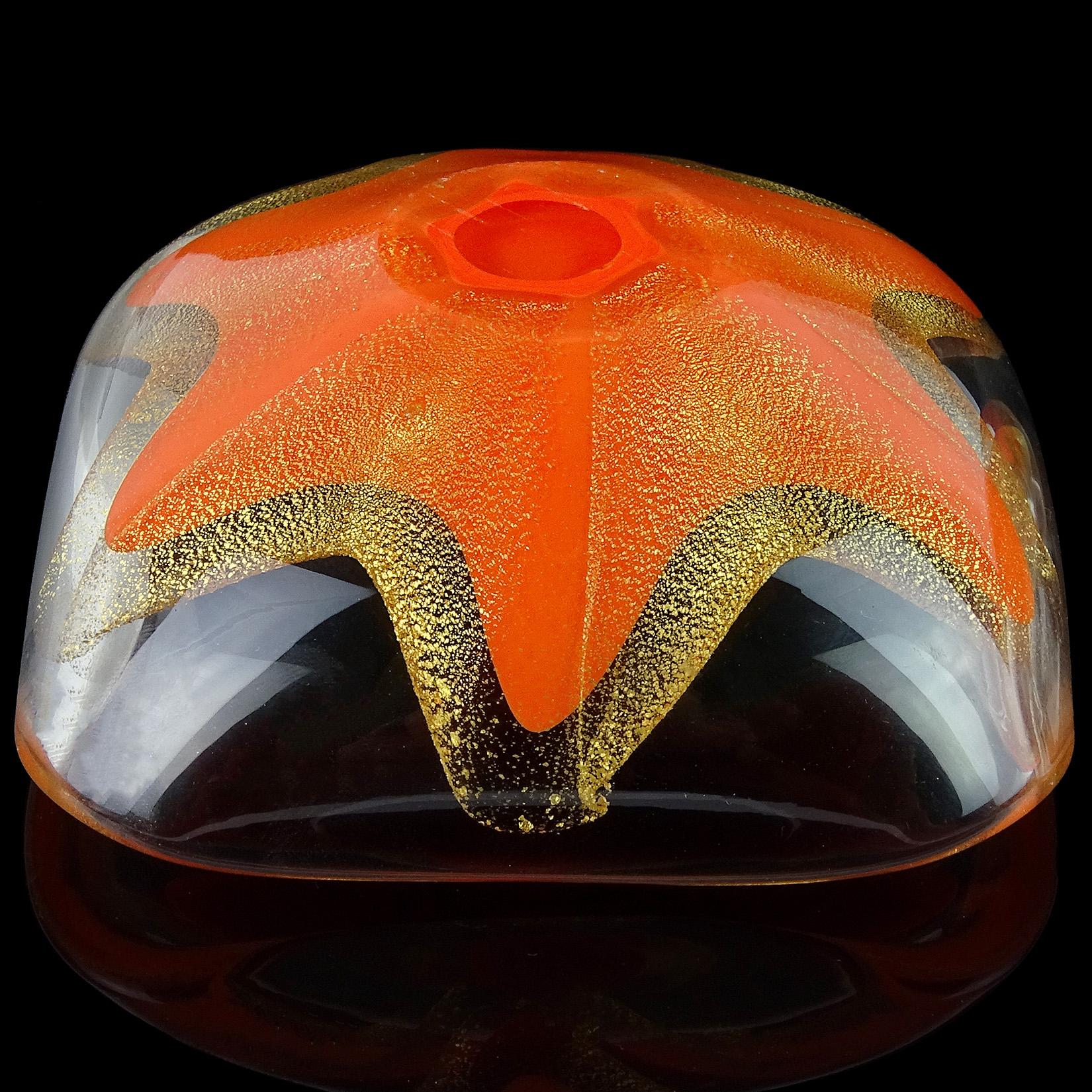 Salviati Murano 1950s Orange Gold Fleck Star Design Italian Art Glass Ring Bowls For Sale 1