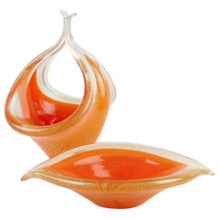 Italienischer Salviati Murano-Kunstglas-Ringschalenkorb mit orangefarbenen Goldflecken, 1950er Jahre