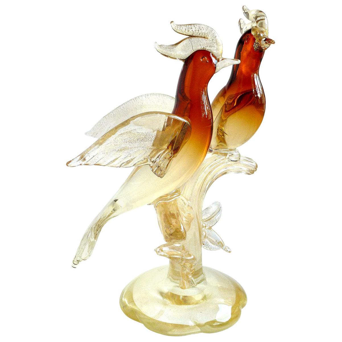 Salviati Murano Amber Sommerso Gold Flecks Italian Art Glass Bird Sculpture