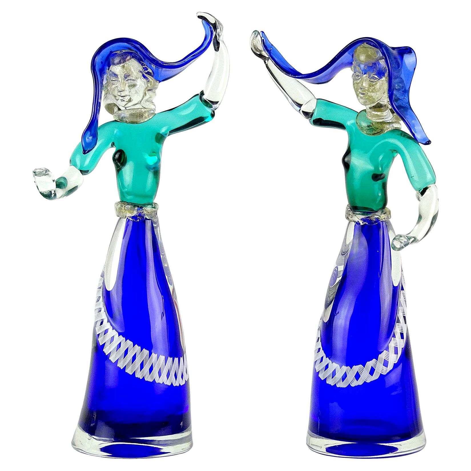 Salviati Murano Blue Sommerso Gold Leaf Dancing Woman Italian Art Glass Figures