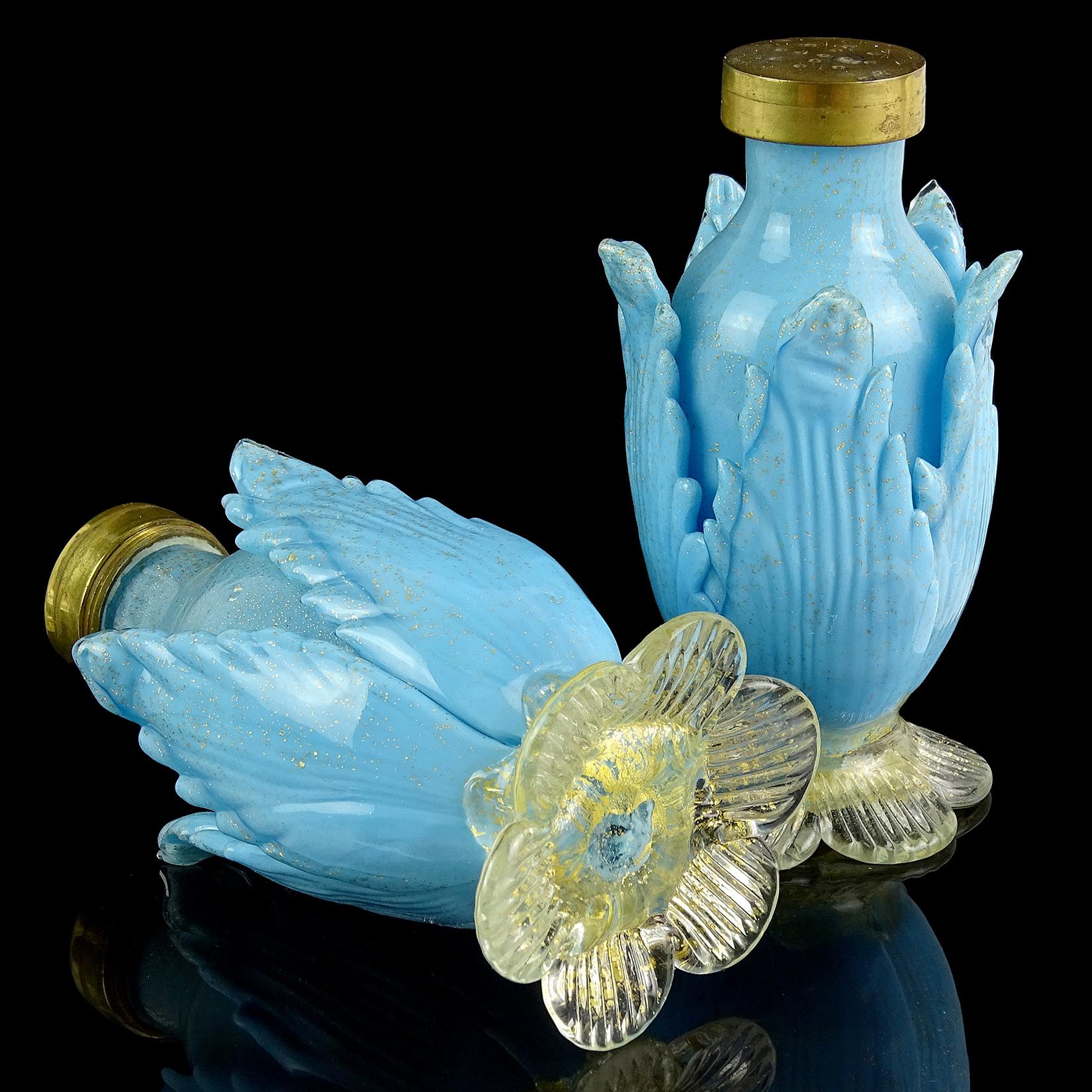 Hand-Crafted Salviati Murano Blue White Gold Italian Art Glass Leaf Salt Pepper Shaker Sets