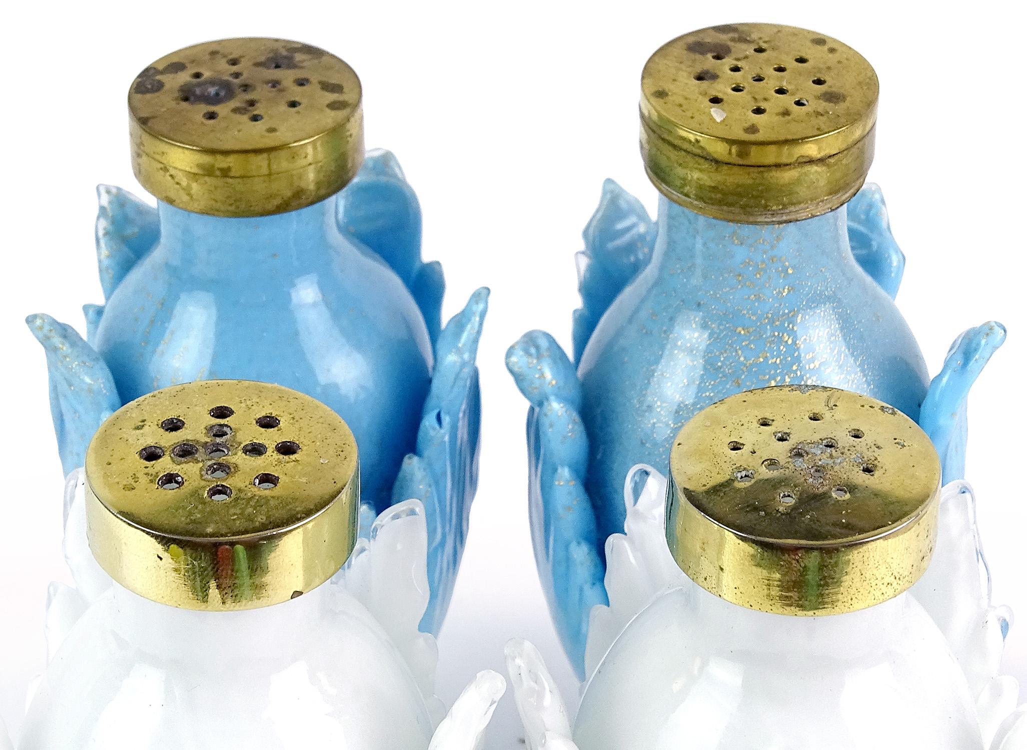 Salviati Murano Blue White Gold Italian Art Glass Leaf Salt Pepper Shaker Sets In Good Condition In Kissimmee, FL