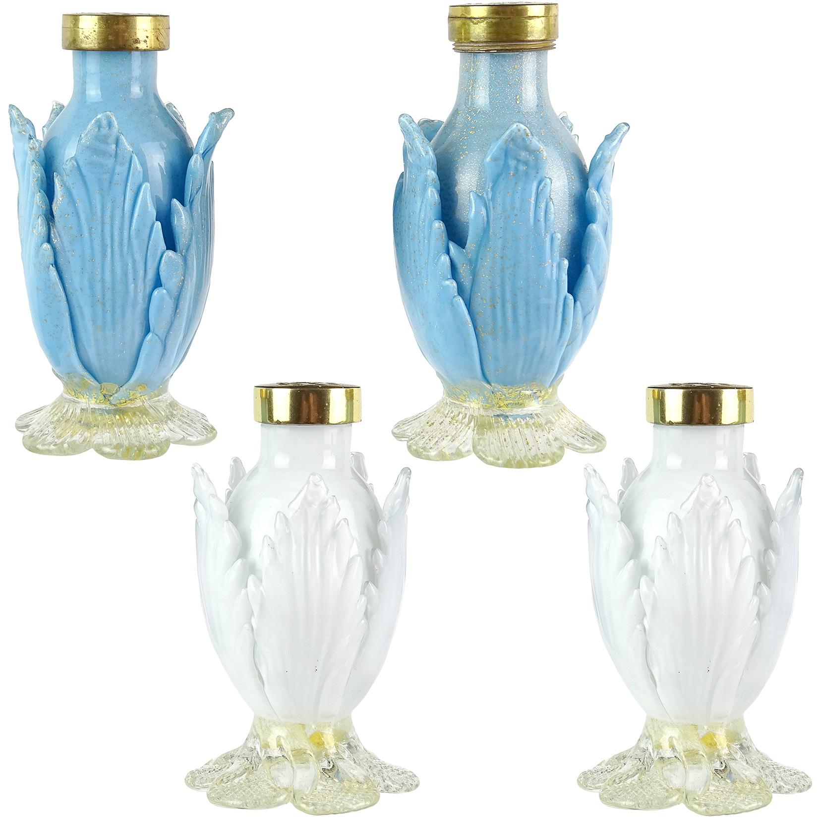 Salviati Murano Blue White Gold Italian Art Glass Leaf Salt Pepper Shaker Sets