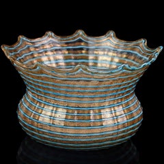 Salviati Murano Copper Aventurine Blue Lines Italian Art Glass Crown Bowl Dish