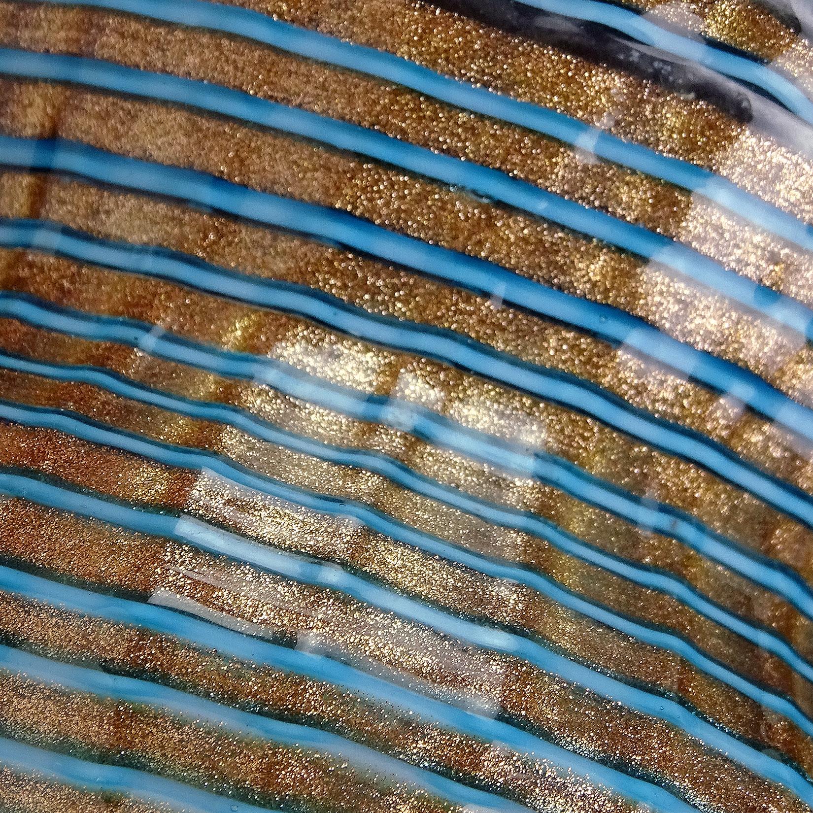 Salviati Murano Copper Aventurine Blue Lines Italian Art Glass Crown Bowl Dish In Good Condition For Sale In Kissimmee, FL