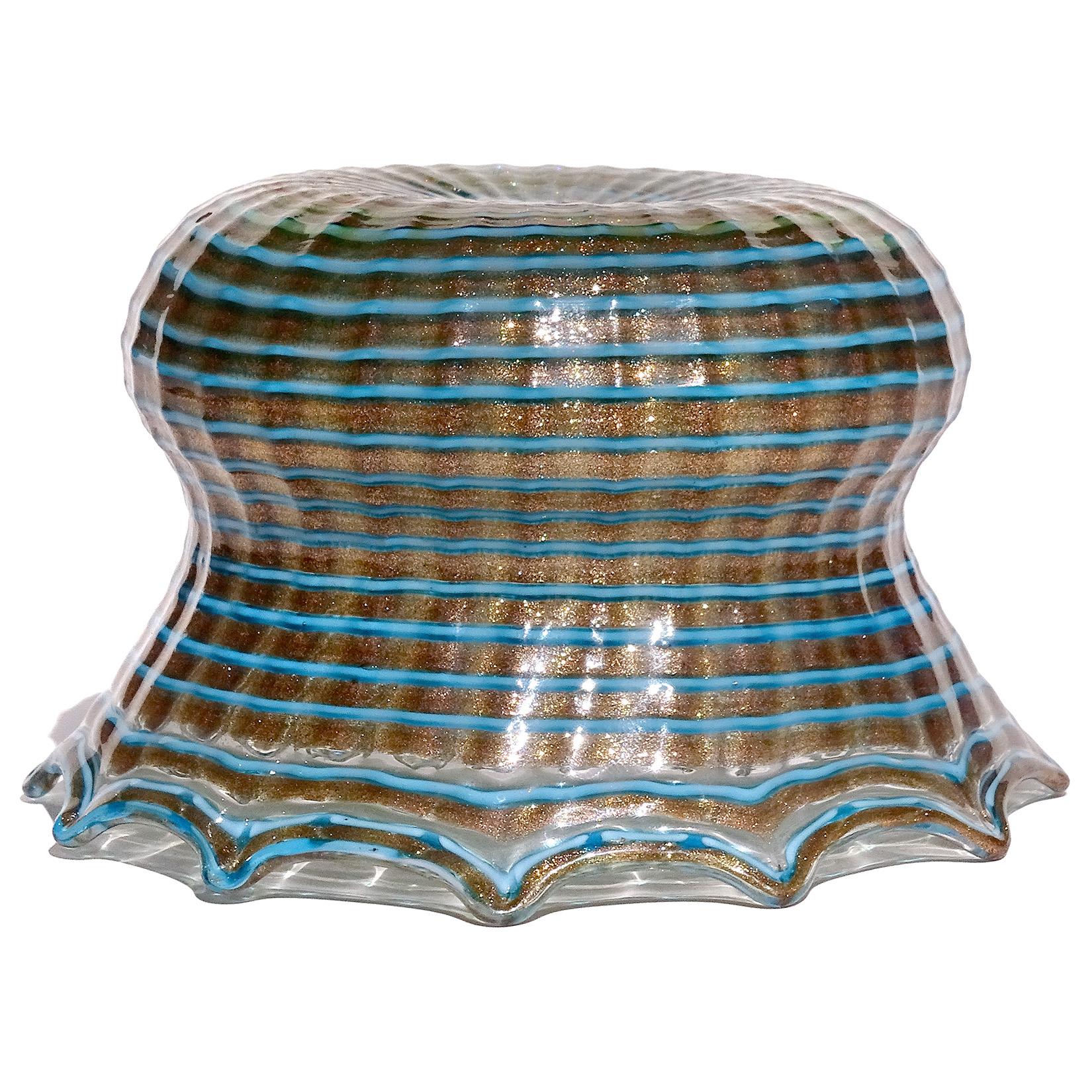 19th Century Salviati Murano Copper Aventurine Blue Lines Italian Art Glass Crown Bowl Dish For Sale