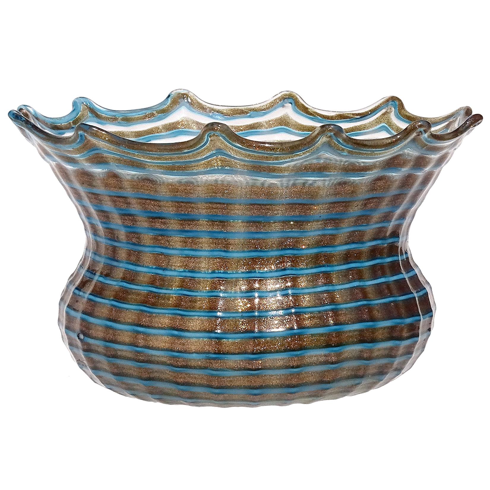 Salviati Murano Copper Aventurine Blue Lines Italian Art Glass Crown Bowl Dish