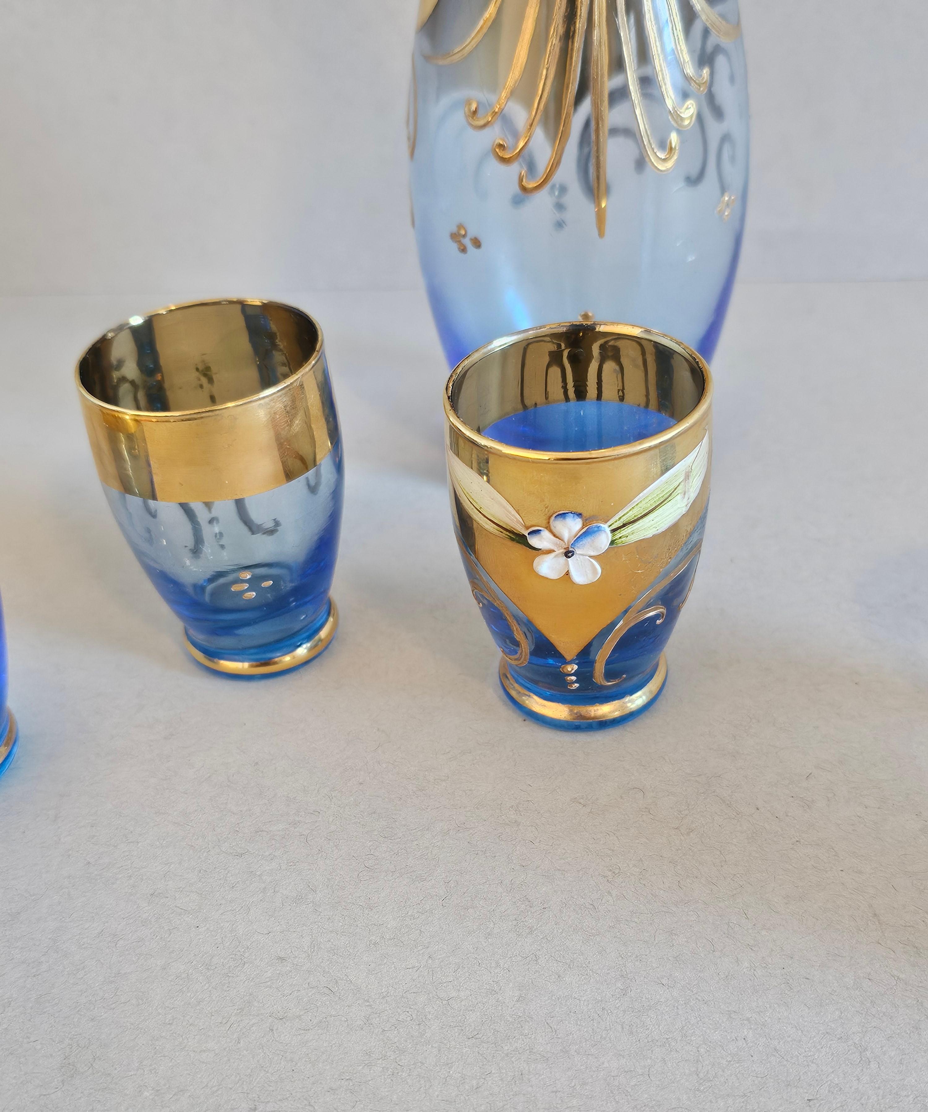 Salviati Murano Gilt Enameled Blue Art Glass Decanter Cordial Liqueur Set For Sale 5