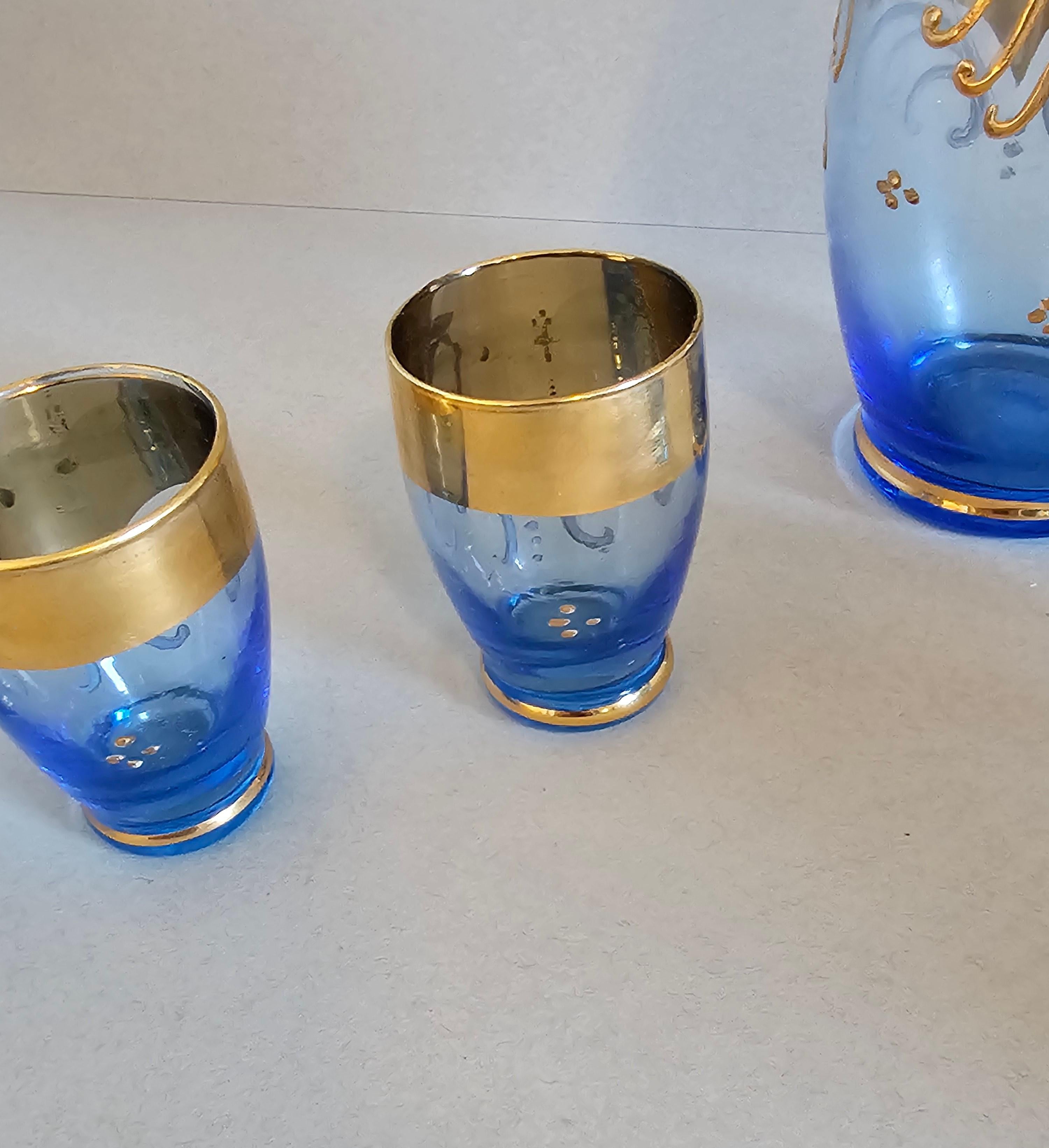 Salviati Murano Gilt Enameled Blue Art Glass Decanter Cordial Liqueur Set For Sale 6