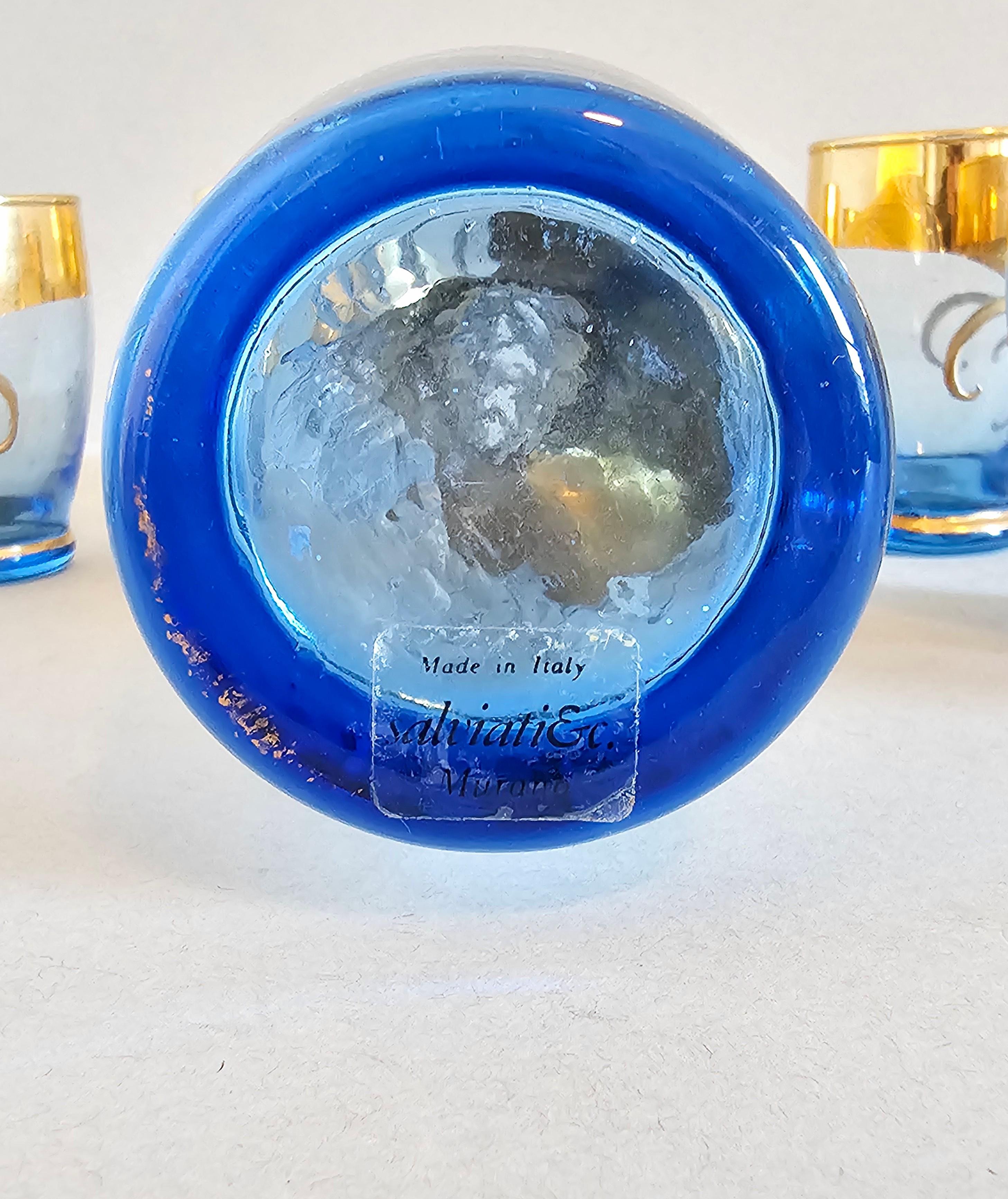 Salviati Murano Gilt Enameled Blue Art Glass Decanter Cordial Liqueur Set For Sale 7