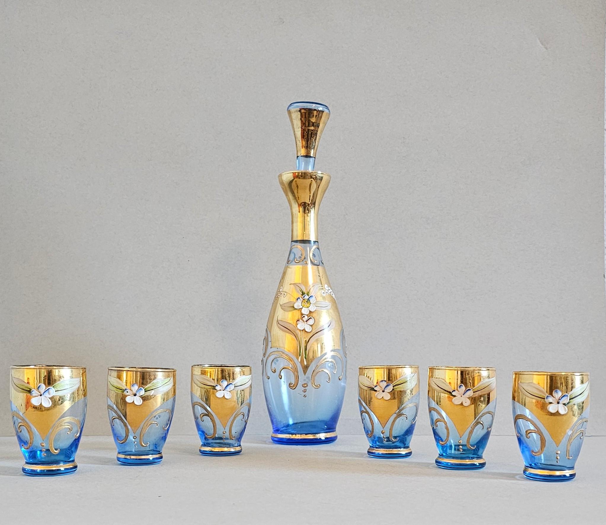 Salviati Murano Gilt Enameled Blue Art Glass Decanter Cordial Liqueur Set For Sale 9