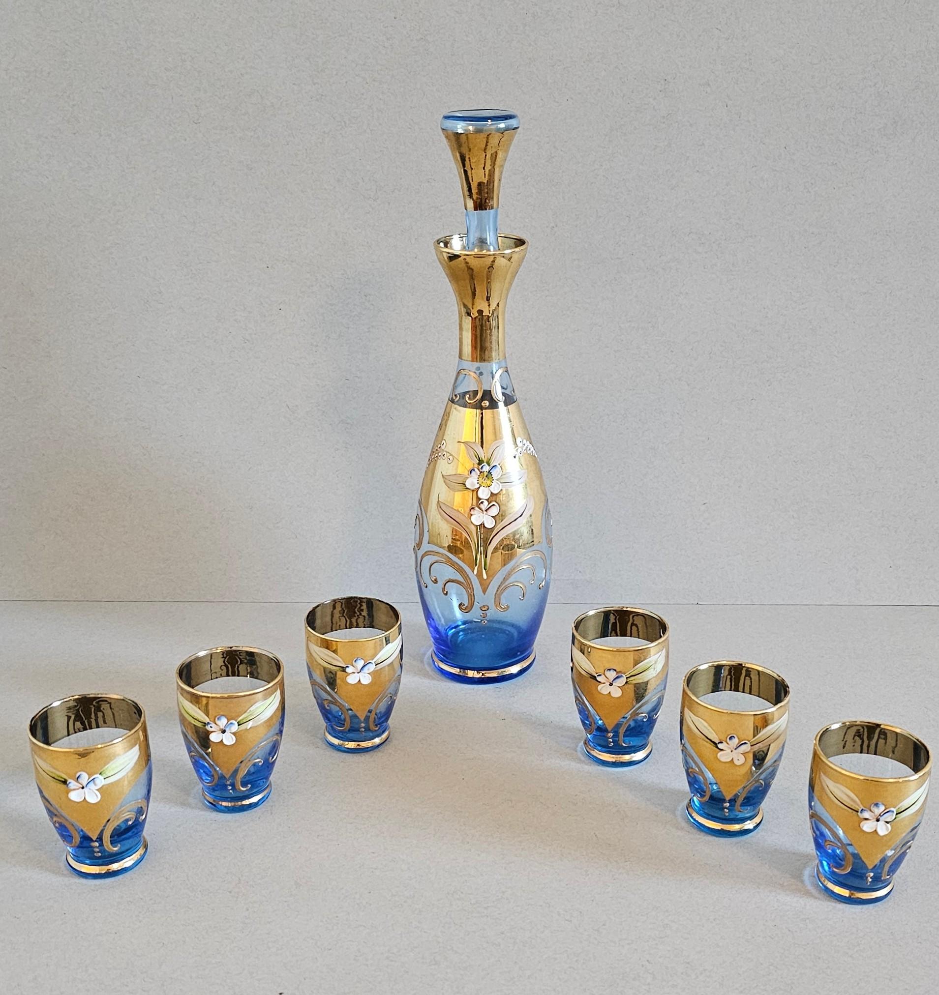 Salviati Murano Gilt Enameled Blue Art Glass Decanter Cordial Liqueur Set For Sale 10