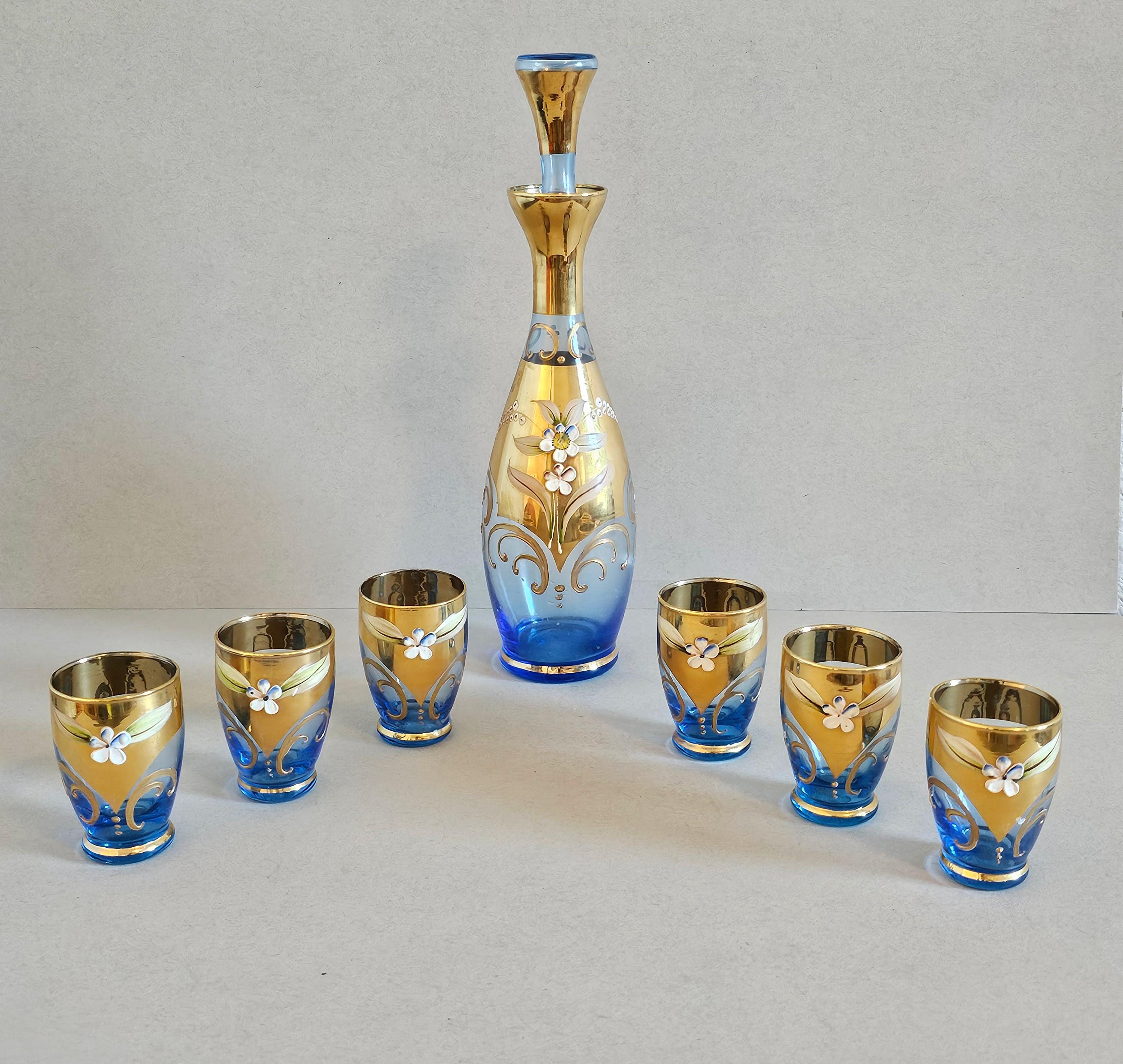 Salviati Murano Gilt Enameled Blue Art Glass Decanter Cordial Liqueur Set For Sale 11