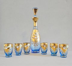 Salviati Murano Gilt Enameled Blue Art Glass Decanter Cordial Liqueur Set