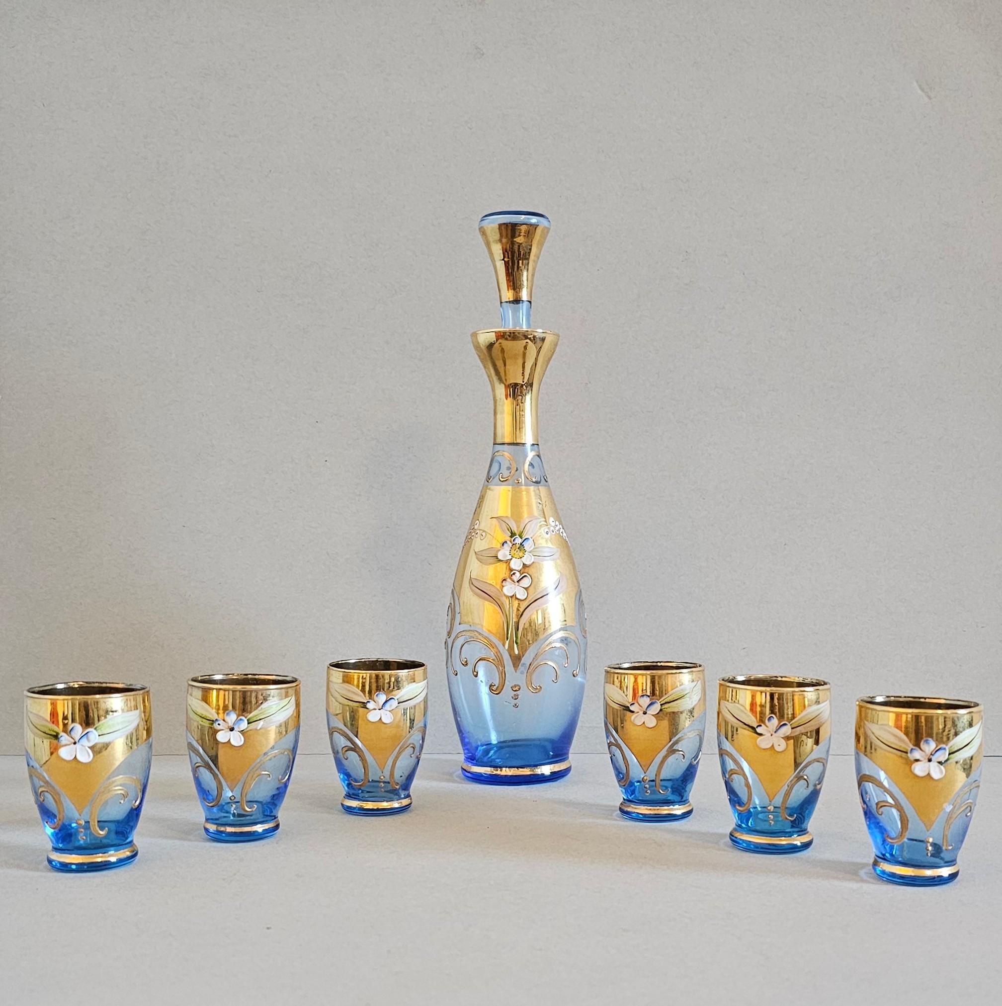 Mid-Century Modern Salviati Murano Gilt Enameled Blue Art Glass Decanter Cordial Liqueur Set For Sale