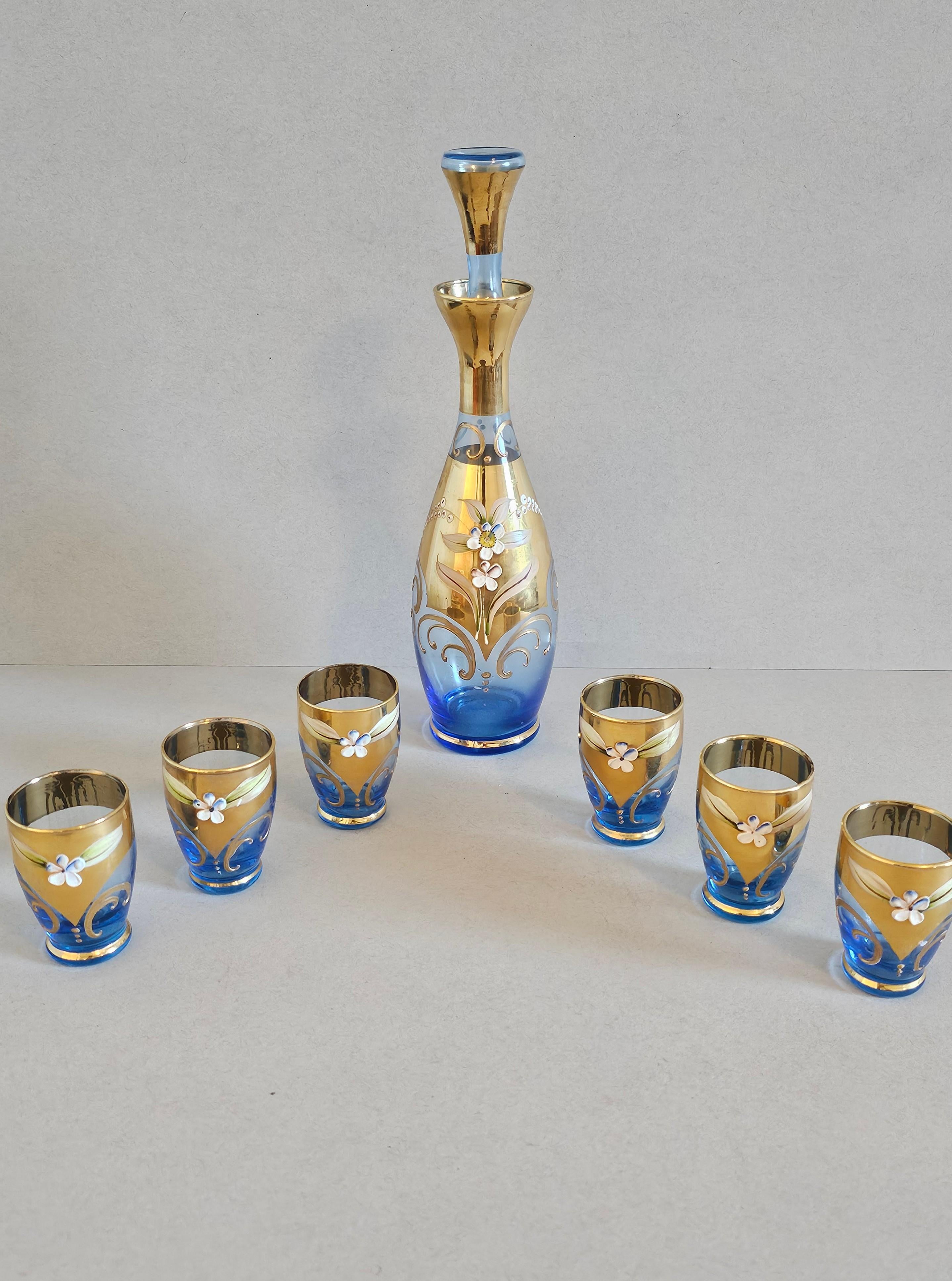 Italian Salviati Murano Gilt Enameled Blue Art Glass Decanter Cordial Liqueur Set For Sale