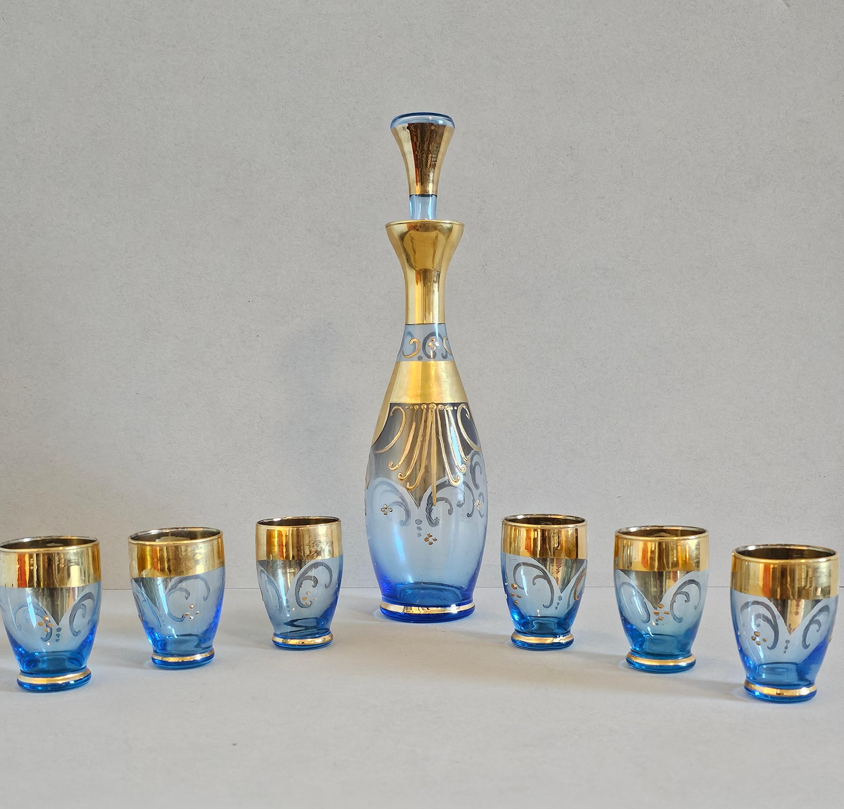 Salviati Murano Gilt Enameled Blue Art Glass Decanter Cordial Liqueur Set In Good Condition For Sale In Forney, TX