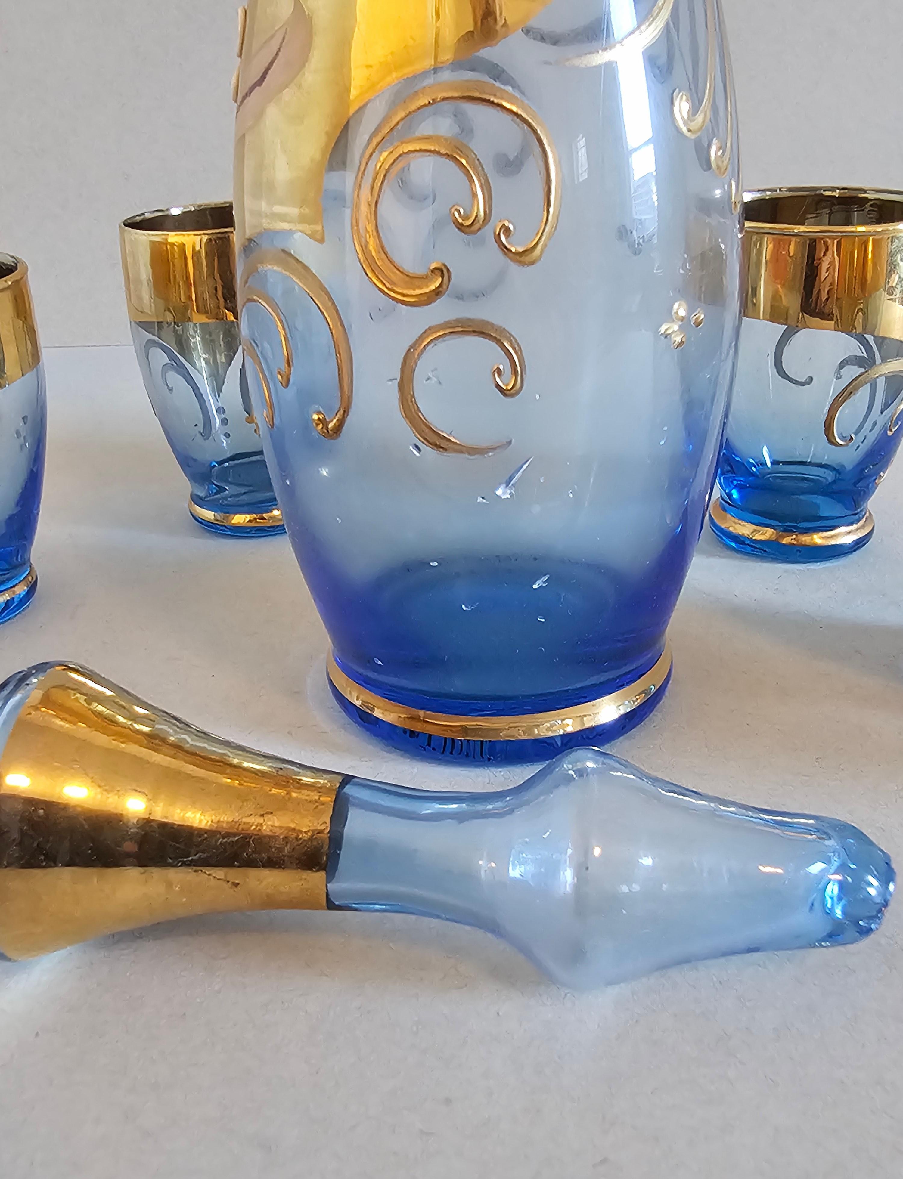 20th Century Salviati Murano Gilt Enameled Blue Art Glass Decanter Cordial Liqueur Set For Sale