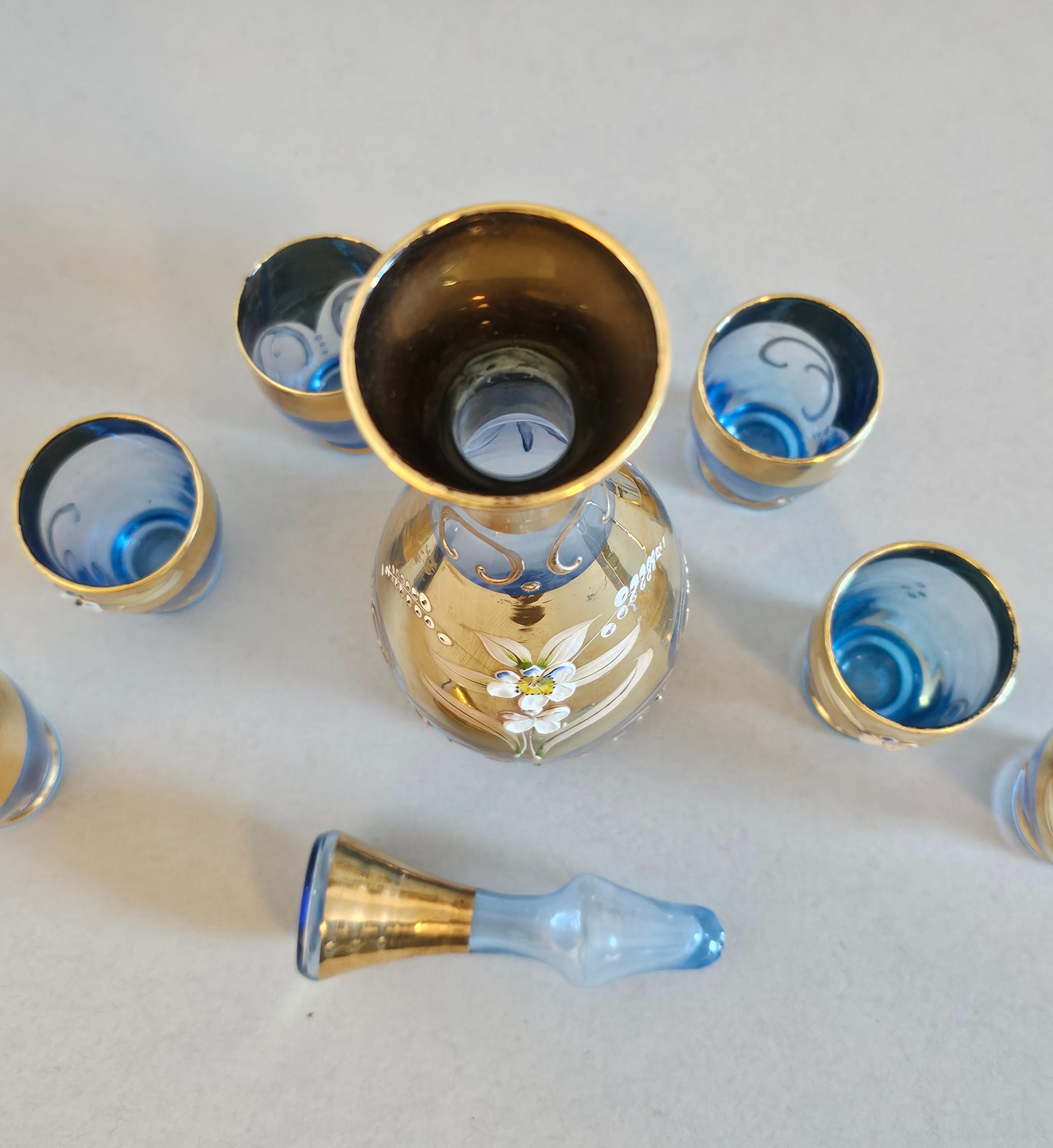 Salviati Murano Gilt Enameled Blue Art Glass Decanter Cordial Liqueur Set For Sale 2