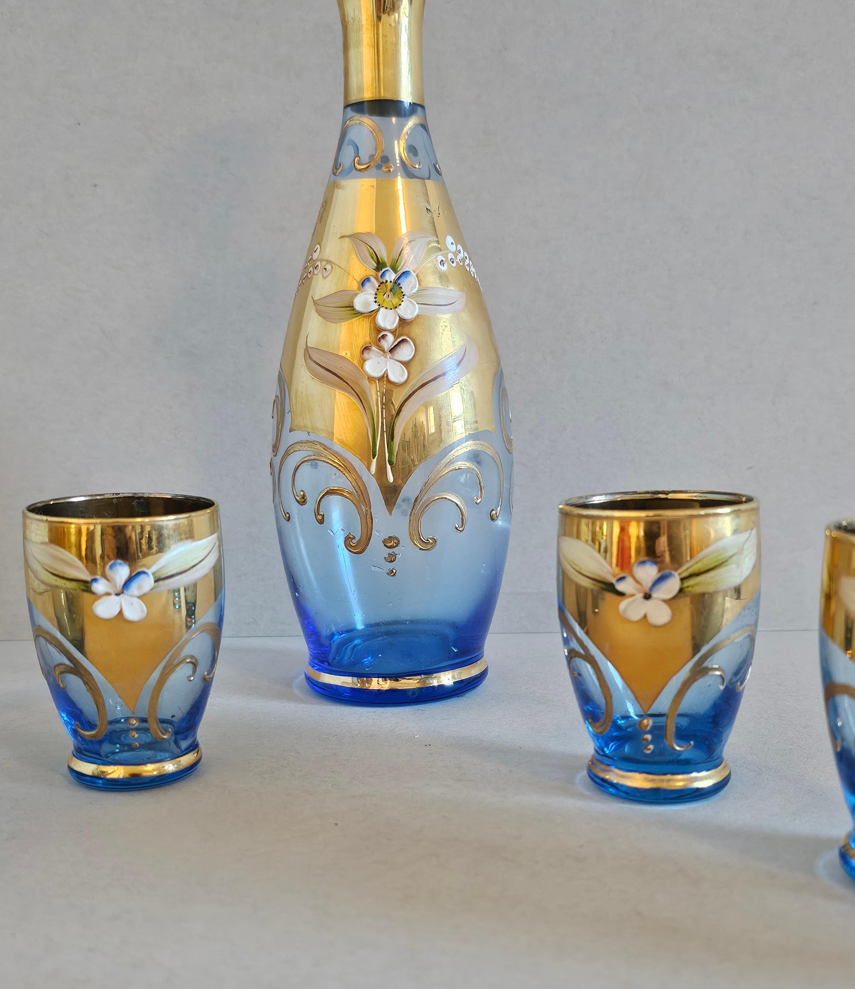 Salviati Murano Gilt Enameled Blue Art Glass Decanter Cordial Liqueur Set For Sale 3