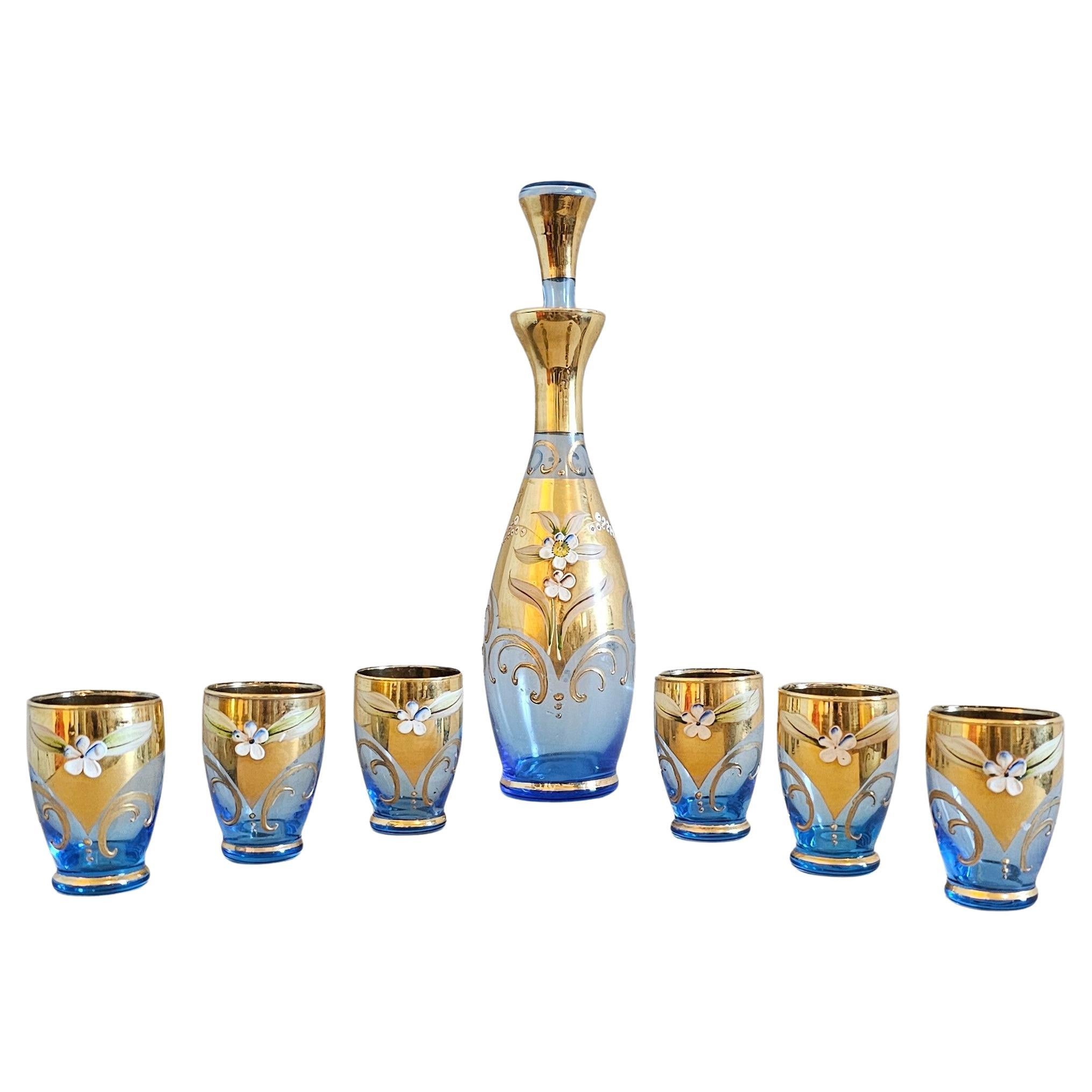 Salviati Murano Gilt Enameled Blue Art Glass Decanter Cordial Liqueur Set For Sale