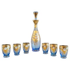 Retro Salviati Murano Gilt Enameled Blue Art Glass Decanter Cordial Liqueur Set
