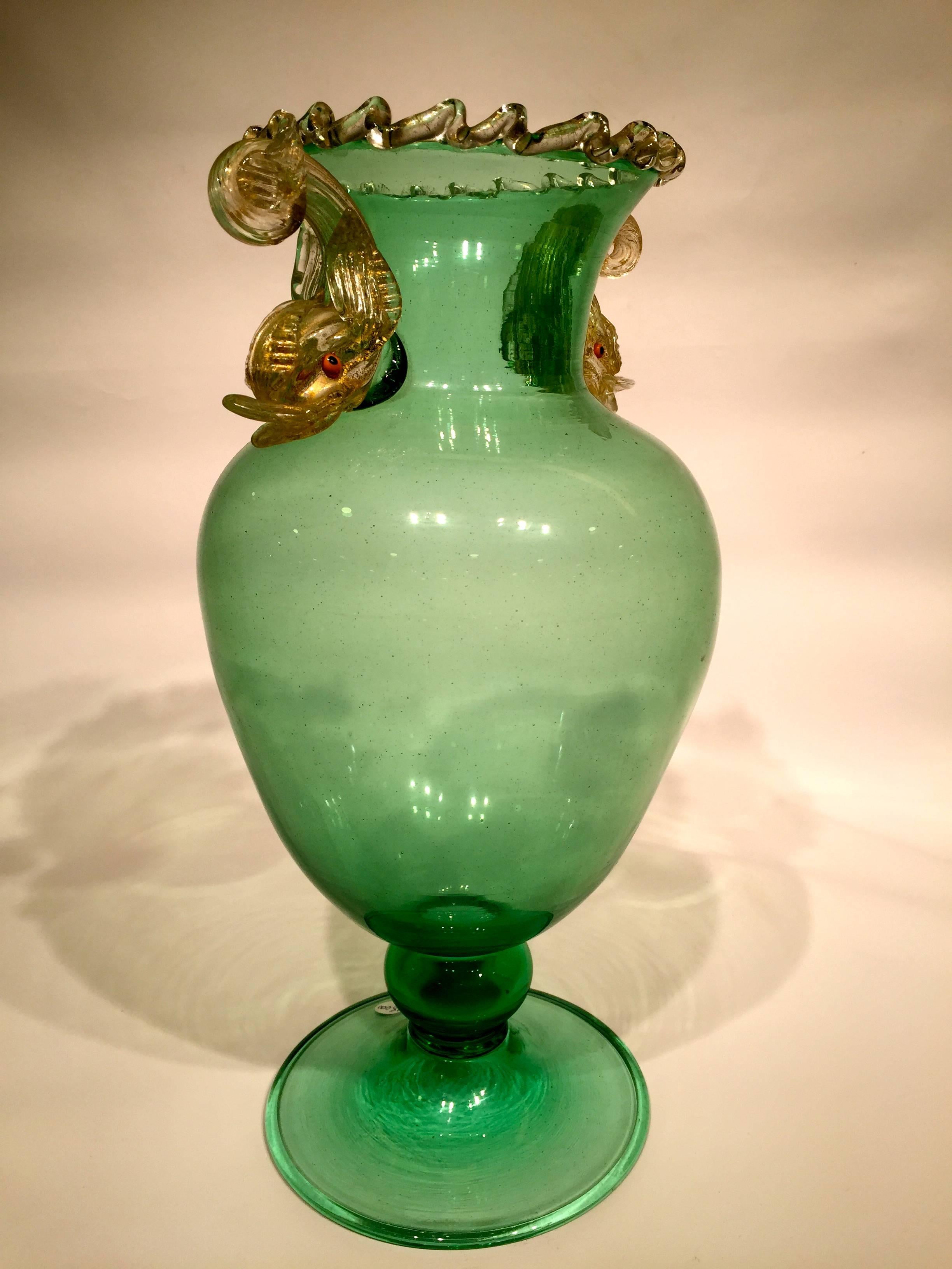 Salviati Murano glass dolphins green and gold vase, circa 1940.