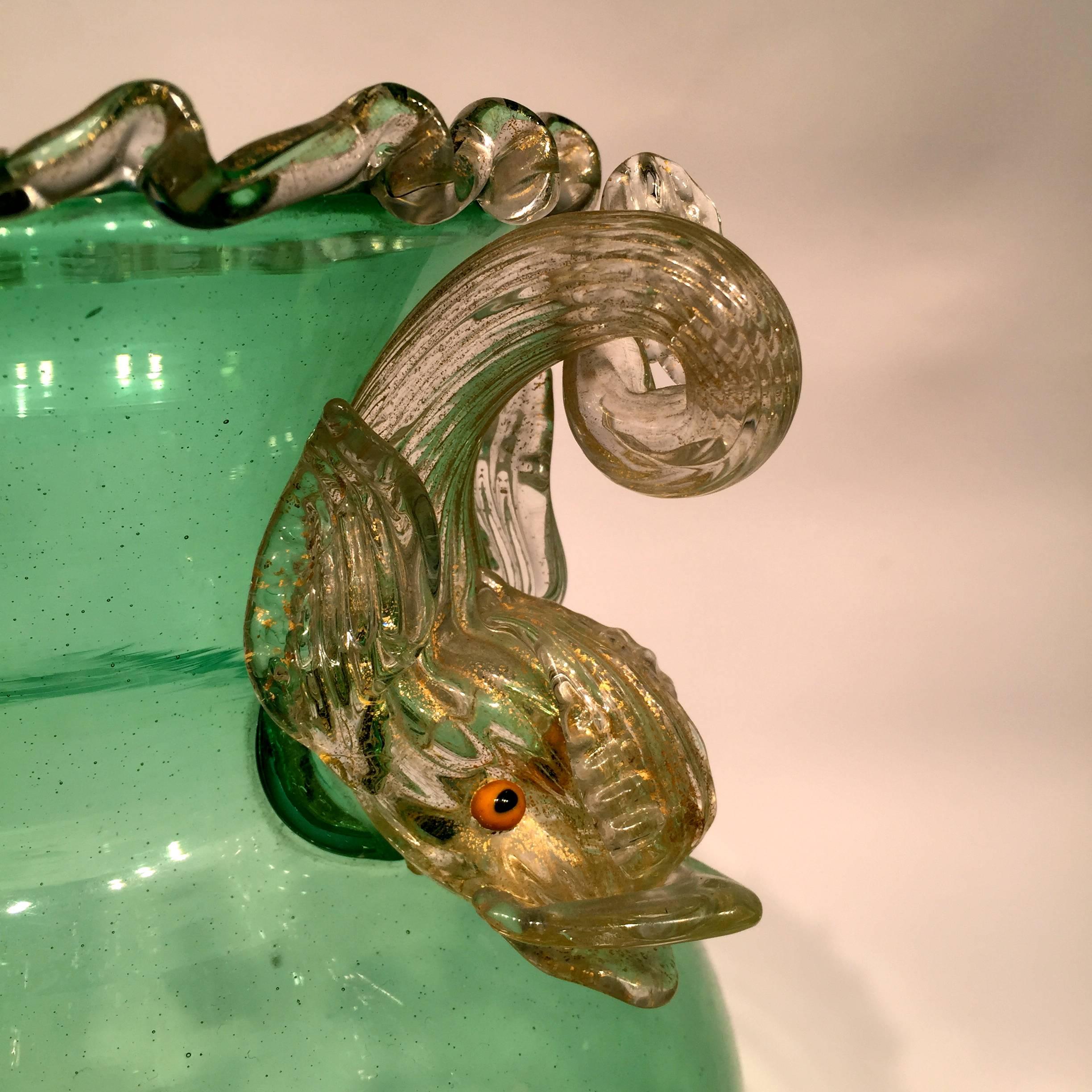 Appliqué SALVIATI  Murano Glass Dolphins Green and Gold Vase, circa 1940 For Sale