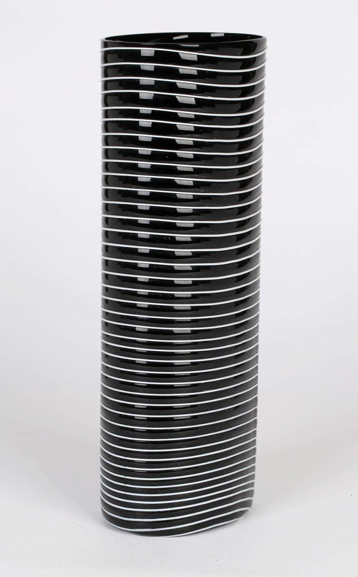 Modern Salviati Murano Italian Trailed Design Black & White Art Glass Vase, 1997 For Sale