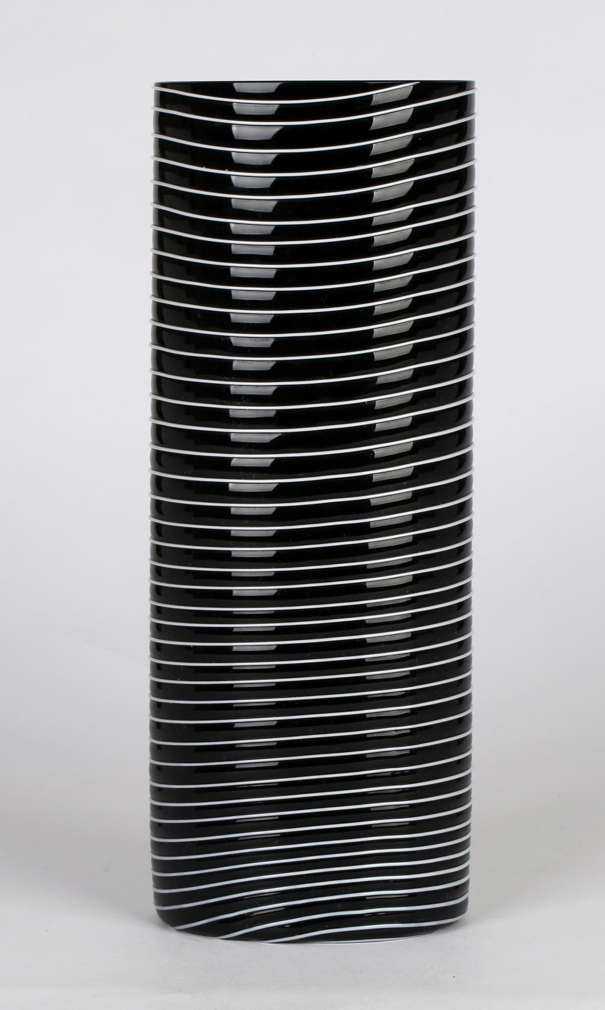 Blown Glass Salviati Murano Italian Trailed Design Black & White Art Glass Vase, 1997 For Sale