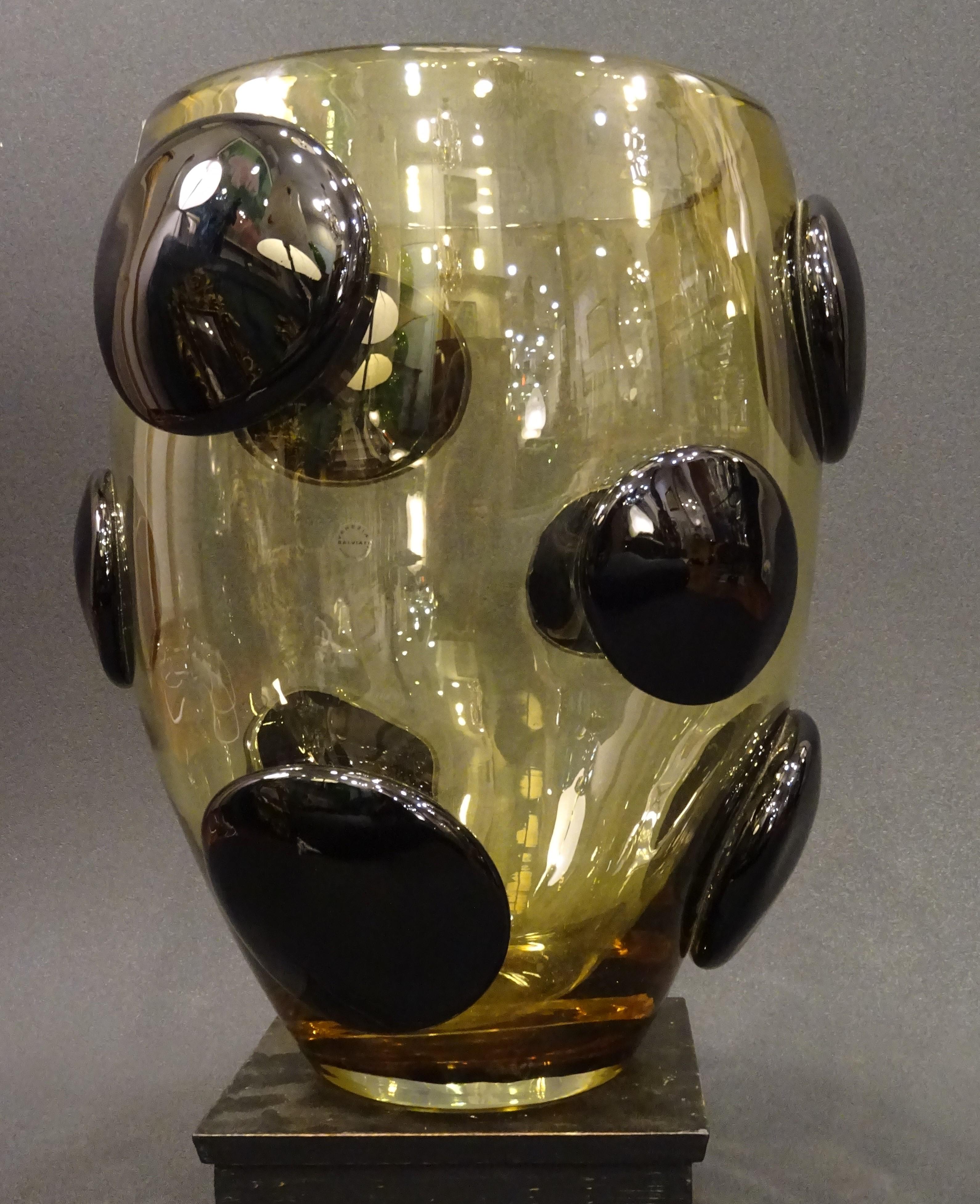 Mid-Century Modern Salviati Murano Italy Black and Amber Blown Crystal Vase, 1970