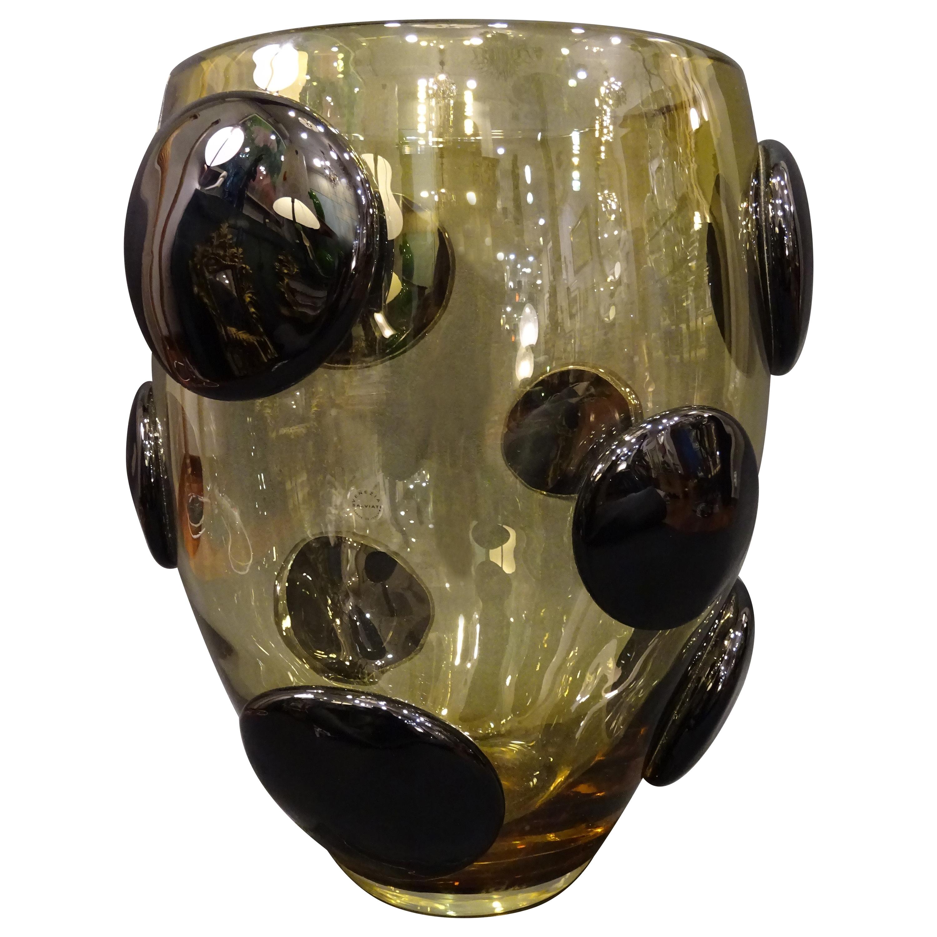 Salviati Murano Italy Black and Amber Blown Crystal Vase, 1970