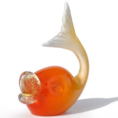 Scultura di pesce in vetro artistico italiano Salviati Murano Arancione Bianco Sfumato Oro