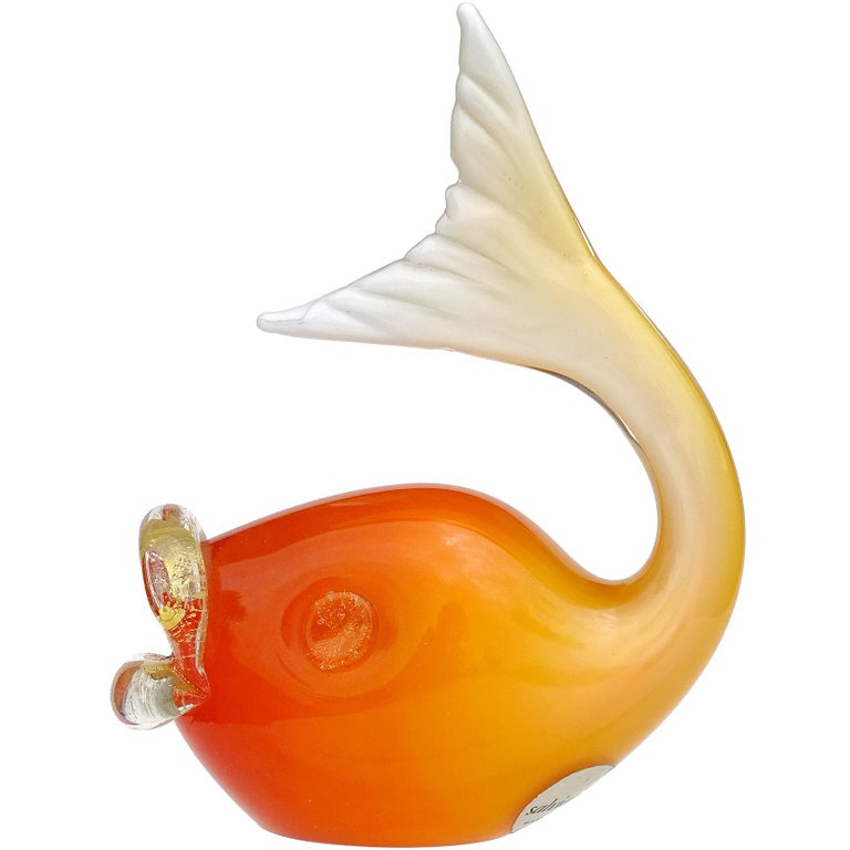 Salviati Murano Orange White Fade Gold Flecks Italian Art Glass Fish Sculpture For Sale