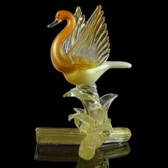 Salviati Murano Orange White Gold Flecks Italian Art Glass Bird Duck Sculpture