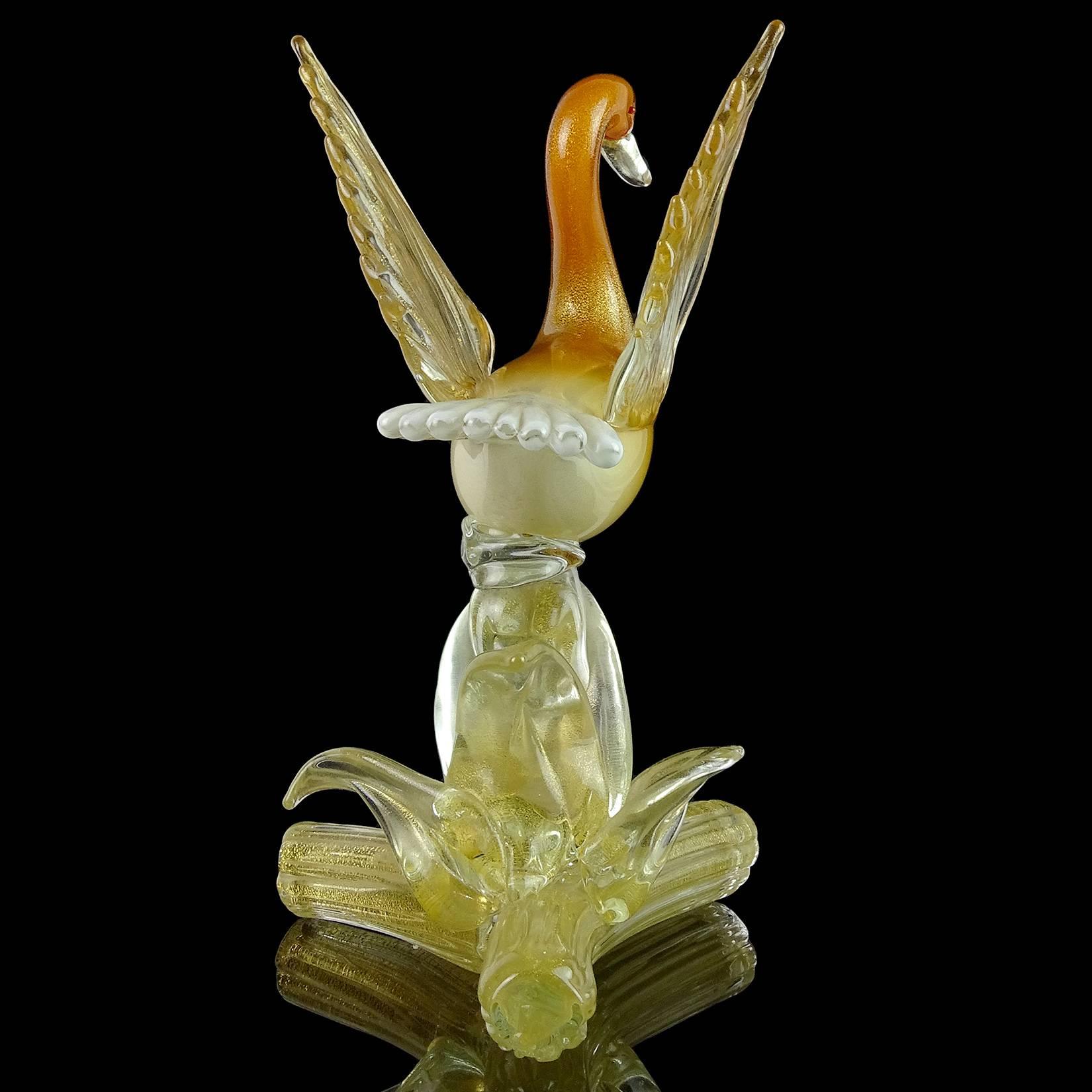 Hand-Crafted Salviati Murano Orange White Gold Flecks Italian Art Glass Bird Duck Sculpture For Sale