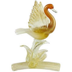 Salviati Murano Orange White Gold Flecks Italian Art Glass Bird Duck Sculpture