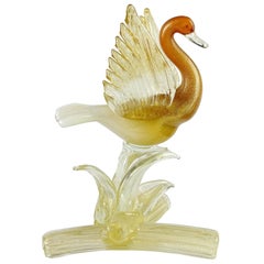 Scultura in vetro artistico Salviati Murano arancione bianco a macchie d'oro Uccello Anatra
