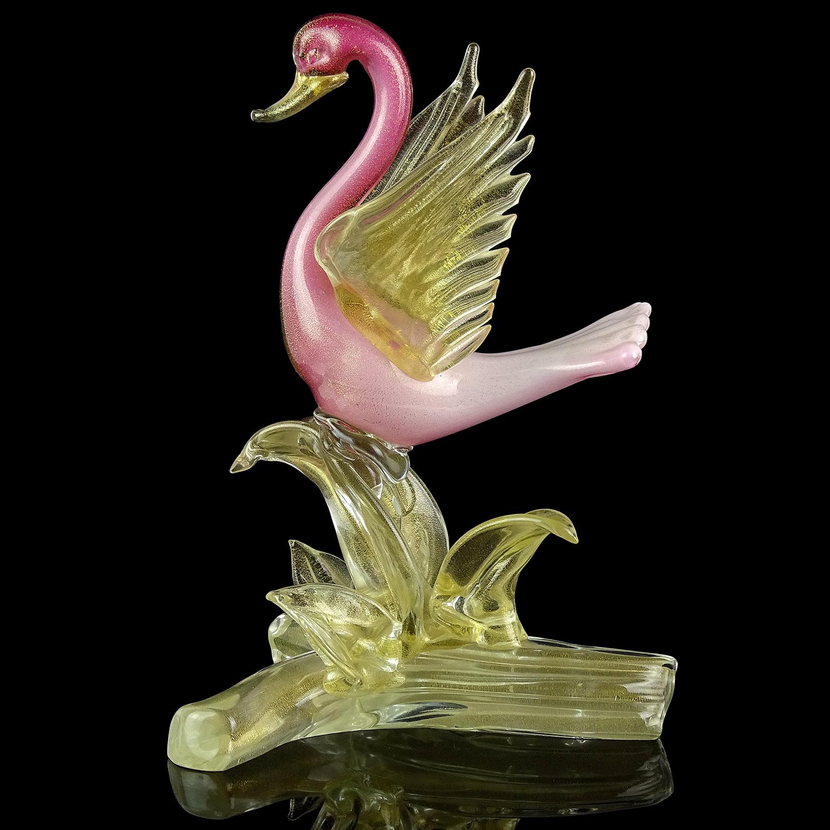 Mid-Century Modern Sculpture d'oiseau de canard en verre d'art italien de Murano à ombres roses et mouchetures dorées de Salviati en vente
