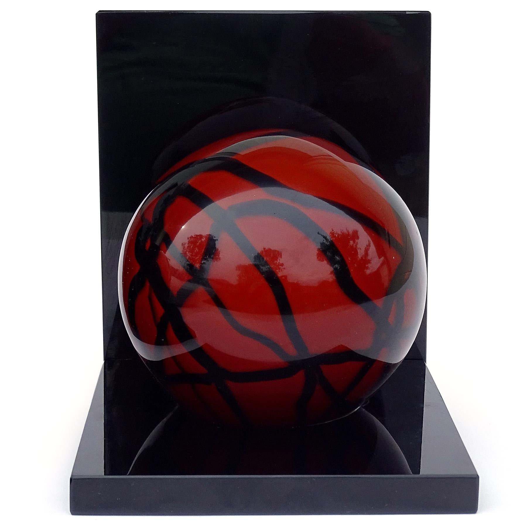 Hand-Crafted Salviati Murano Signed Red Black Abstract Italian Art Glass Bookend Sculptures
