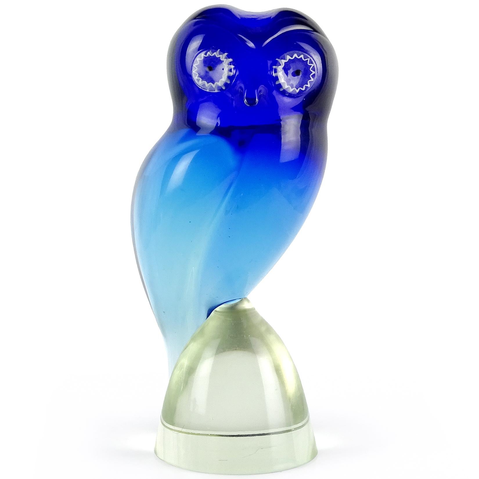 Mid-Century Modern Salviati Murano Sommerso Blue Murrine Eyes Italian Art Glass Owl Bird Sculpture