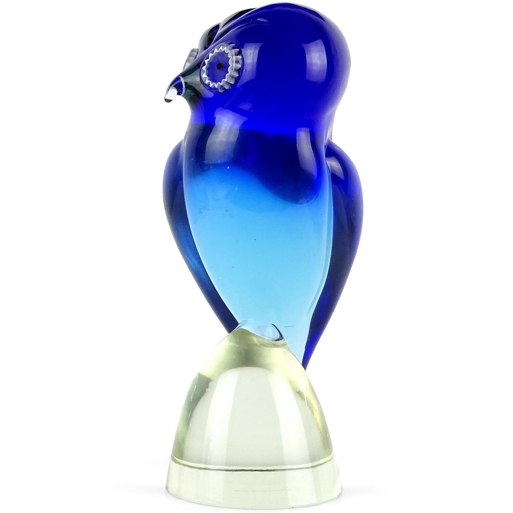 Hand-Crafted Salviati Murano Sommerso Blue Murrine Eyes Italian Art Glass Owl Bird Sculpture