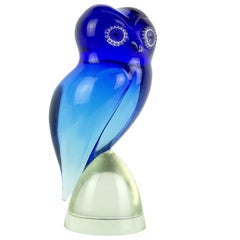 Salviati Murano Sommerso Blue Murrine Eyes Italian Art Glass Owl Bird Sculpture