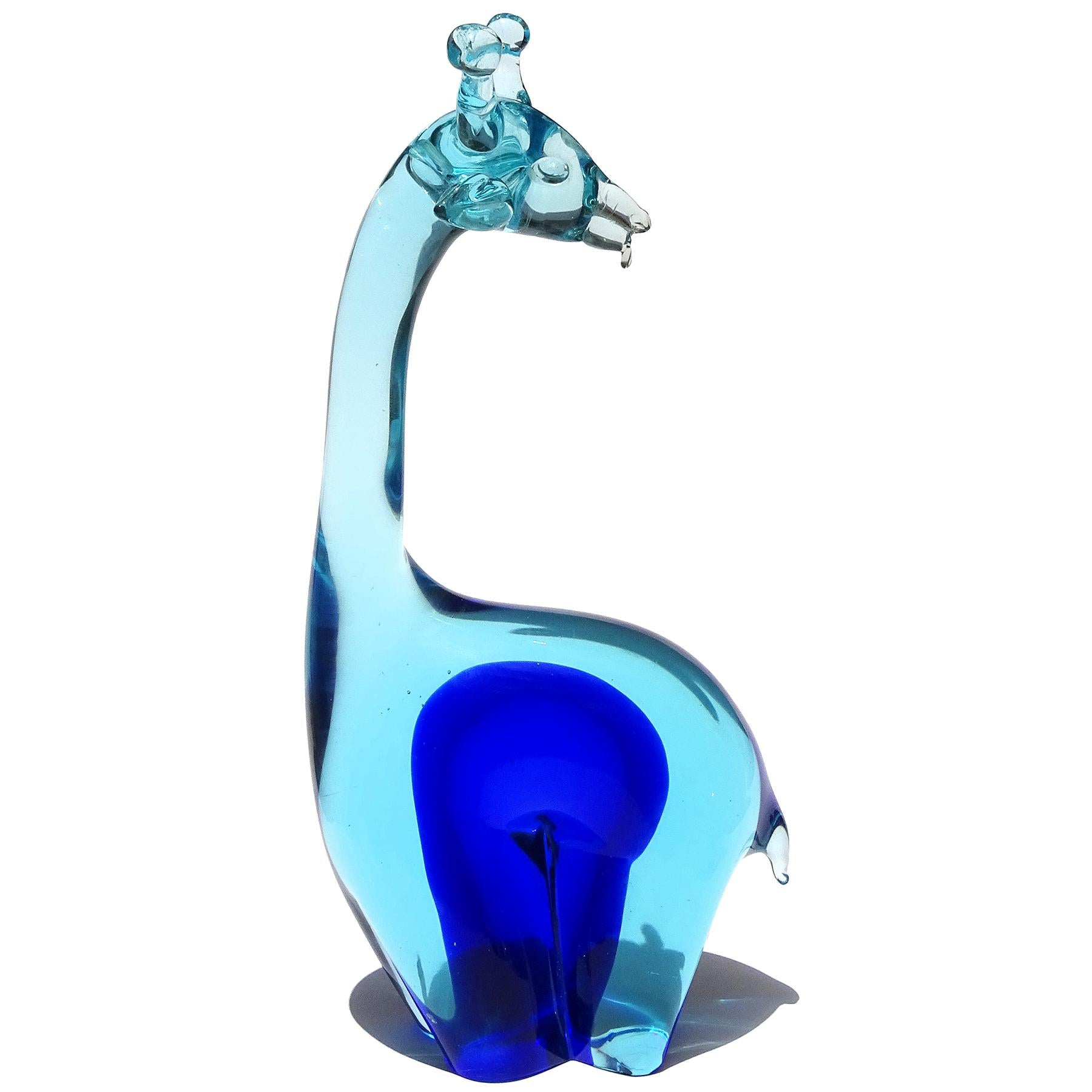 Mid-Century Modern Salviati Murano Sommerso Blue Over Cobalt Italian Art Glass Giraffe Sculpture For Sale