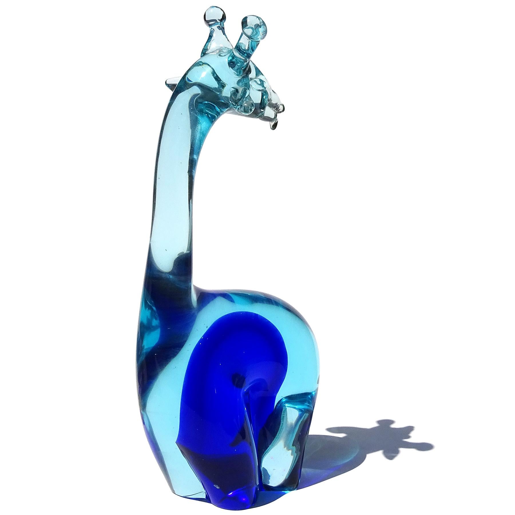Hand-Crafted Salviati Murano Sommerso Blue Over Cobalt Italian Art Glass Giraffe Sculpture For Sale