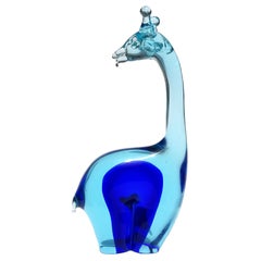Salviati Murano Sommerso Escultura de Jirafa en Vidrio Artístico Italiano Azul sobre Cobalto