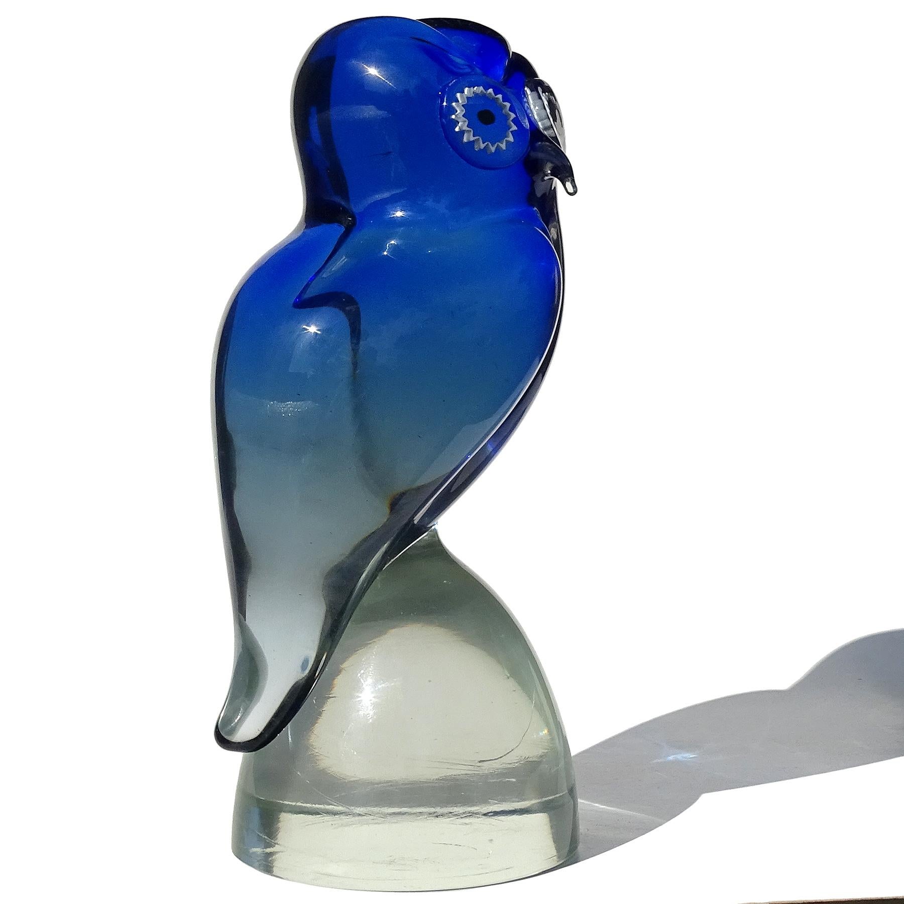 Beautiful vintage Murano hand blown Sommerso cobalt blue to clear Italian art glass owl bird figure, sculpture. Documented to the Salviati Company. Have owned several with labels and signatures before. The owl has white on clear murrines for the