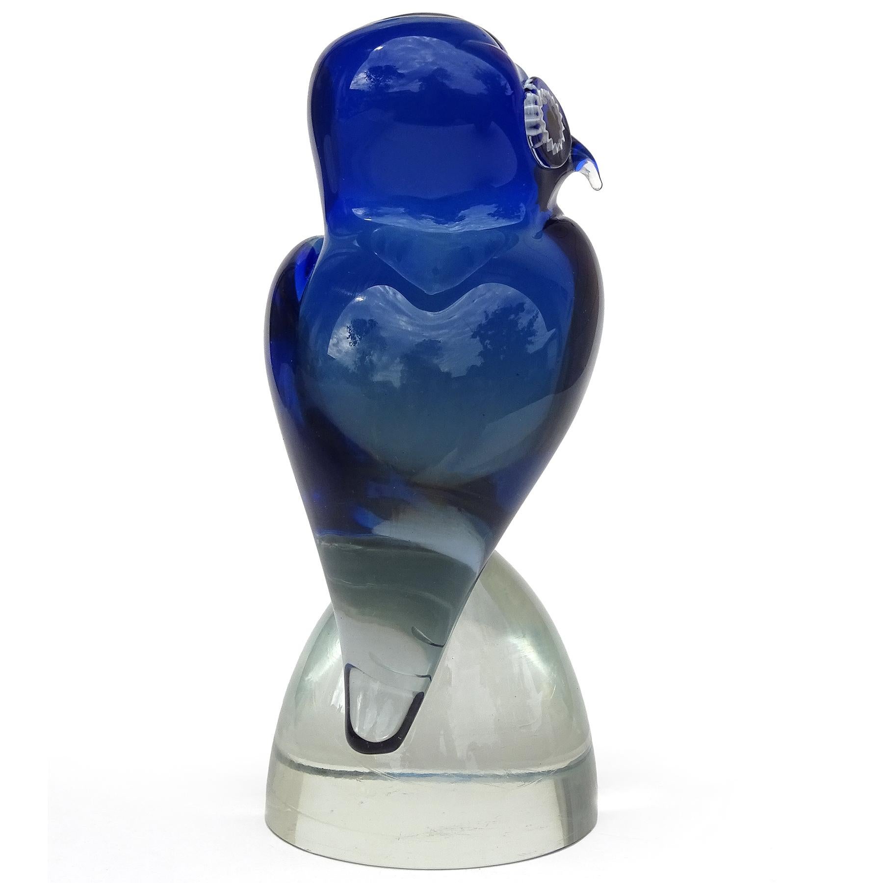20th Century Salviati Murano Sommerso Cobalt Blue Italian Art Glass Owl Bird Figure Sculpture For Sale